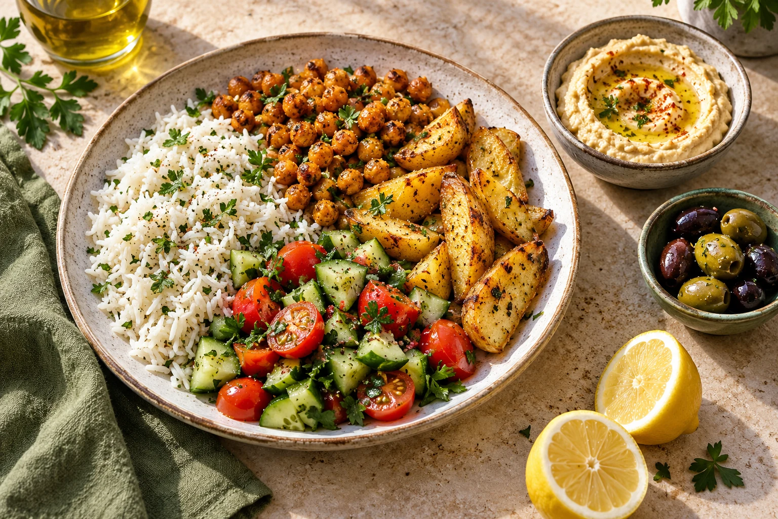 AI-generated illustration of rice, chickpeas, potatoes and salad; not a tested recipe or certification of ingredient or product safety.